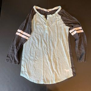 PINK 3/4 Sleeve Blue Half Button Up